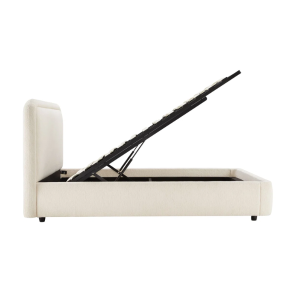 Premium Upholstered Aurora Lift-Up Storage Bed with Elegant Boucle Performance Fabric, Plush Foam-Padded Headboard, and Spacious Under-Bed Storage for a Clutter-Free Bedroom