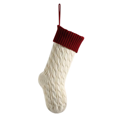 Red Top with White Knitted Christmas Stocking – Cable Knit Holiday Gift Bag with Soft Lining