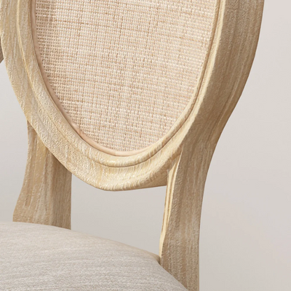 Beige Upholstered Dining Chairs with Natural Wood Frame and Wicker Backrest (Set of 2)