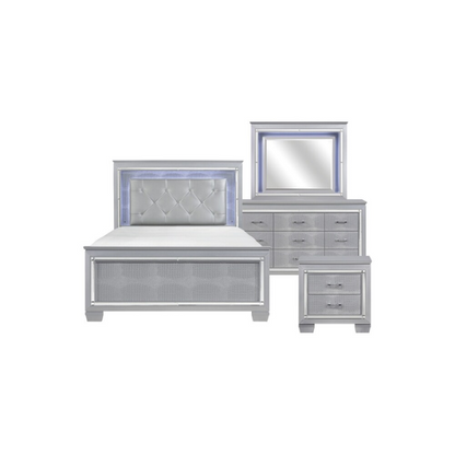Modern Glam Queen Bedroom Set in Silver with LED Lighting & Crystal Tufted Headboard