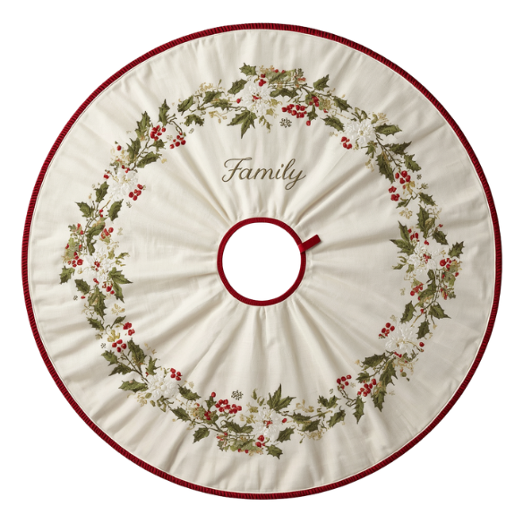Cream Holly Family Christmas Tree Skirt with Red Stitched Border