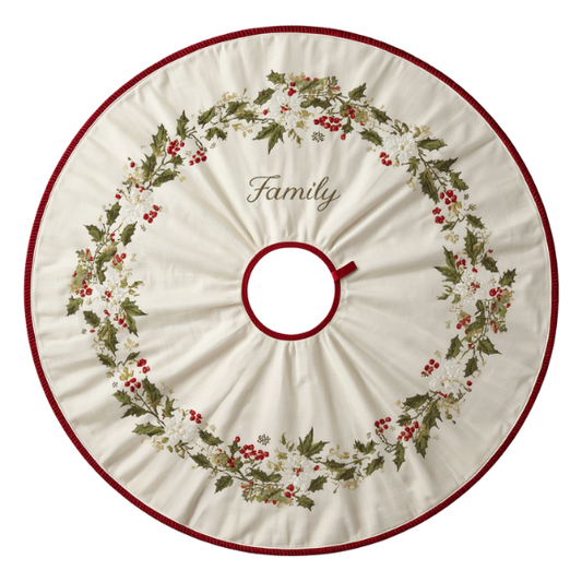 Cream Holly Family Christmas Tree Skirt with Red Stitched Border