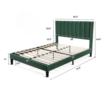 Luxurious Upholstered Platform Bed – Full/Double Size with Velvet Upholstery and Striped Headboard for Elegant Comfort