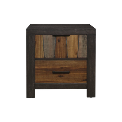 3-Piece Dark Ebony and Rustic Mahogany Modern Panel Bedroom Set – Embossed Faux-Wood Veneer, Rich Acacia Tones, and Dark Metal Hardware