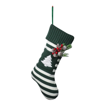 Green & White Striped Christmas Stocking with Embroidered White Christmas Tree – Holiday Decor & Gift Bag