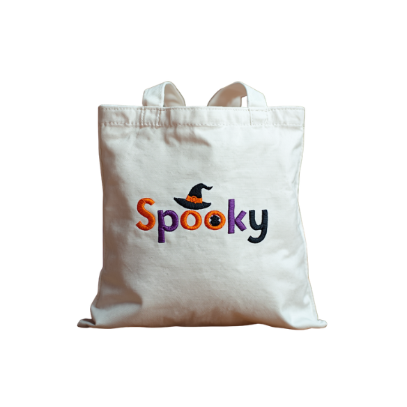 Spooky Multicolor Embroidered Canvas Tote Bag with Witch Hat Graphic