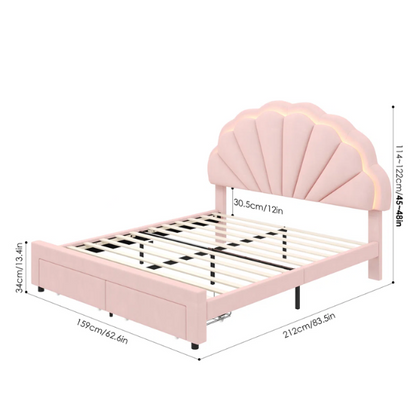 Floral-Inspired Queen Size Upholstered LED Bed Frame with Luxury Velvet, Drawer, and Adjustable Headboard
