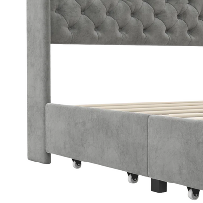 Luxurious King Size Velvet Upholstered Platform Bed with Tufted Camelback Headboard, Nailhead Trim, and 4 Built-In Storage Drawers – Stylish and Functional Bedroom Upgrade