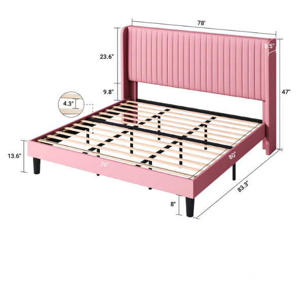 Luxurious King Size Upholstered Velvet Platform Bed with Modern Wingback Headboard – Heavy-Duty Steel Frame, No Box Spring Needed, and Ample Under-Bed Storage