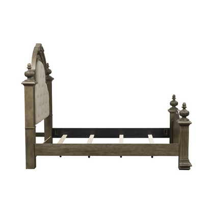 Brown & Beige King Poster Bedroom Set with Dresser, Mirror, Chest & Nightstand – Rustic Hickory Veneers, Sand Linen Upholstery, Antique Brass Accents
