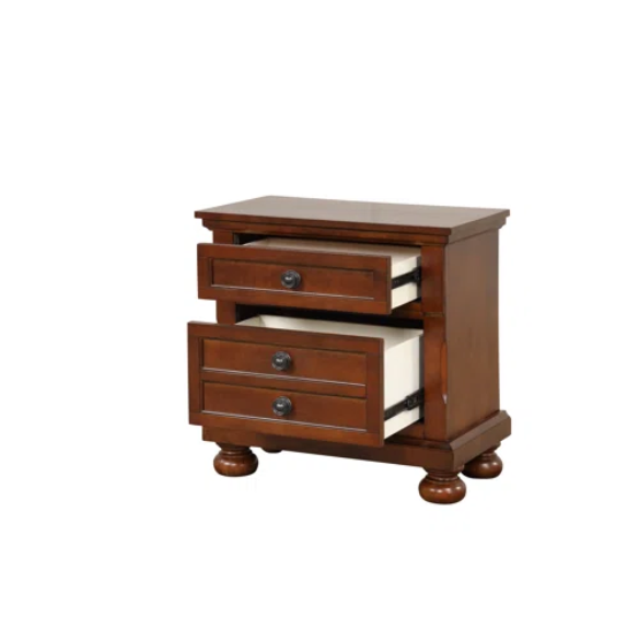 Cherry Brown King Size Platform Bedroom Set with Real Wood Veneers, Full Extension Footboard Storage Drawers, and Matching Large-Scale Dressers, Nightstands, and Mirror