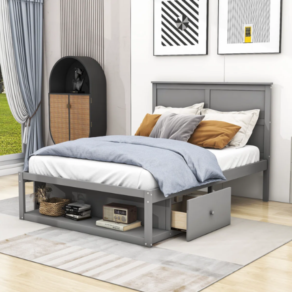 Gray Wooden Full Size Platform Bed with Headboard, 2 Drawers & Built-In Shelf – Stylish Storage & Functional Design