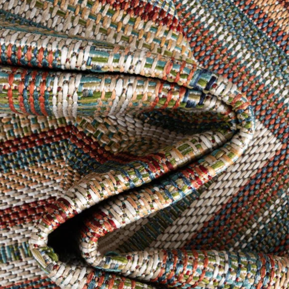 Coastal-Inspired Geometric Rug – Fade & Stain-Resistant, Green & Orange Pattern, Ideal for Indoor/Outdoor Use