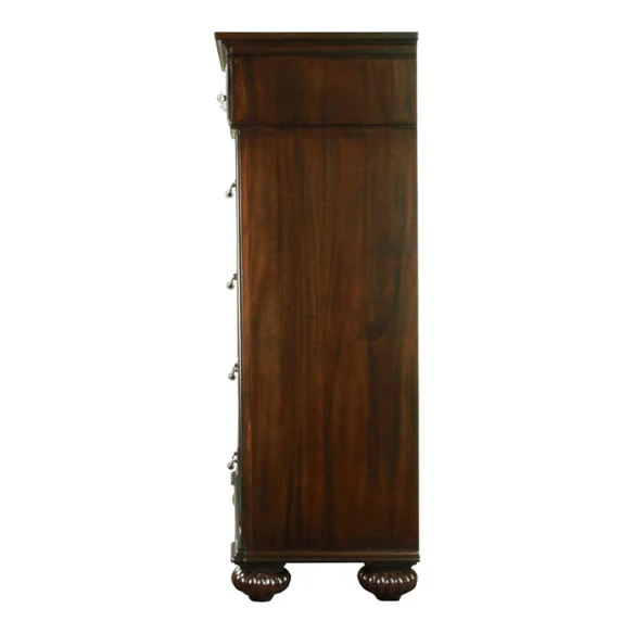 Elegant Traditional 4-Piece Walnut Wood Poster Bedroom Set with Floral Carved Headboard and Fluted Detailing