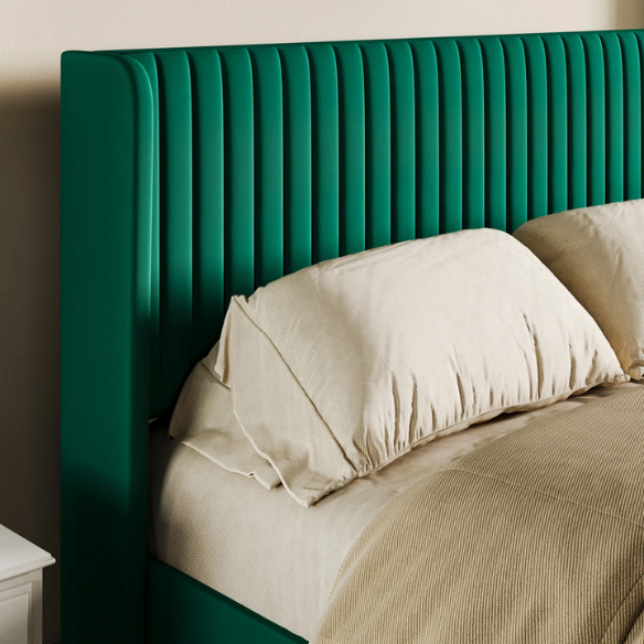 Luxurious King Size Upholstered Velvet Platform Bed with Modern Wingback Headboard – Heavy-Duty Steel Frame, No Box Spring Needed, and Ample Under-Bed Storage