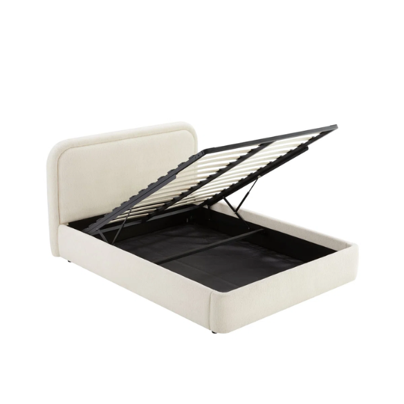 Premium Upholstered Aurora Lift-Up Storage Bed with Elegant Boucle Performance Fabric, Plush Foam-Padded Headboard, and Spacious Under-Bed Storage for a Clutter-Free Bedroom