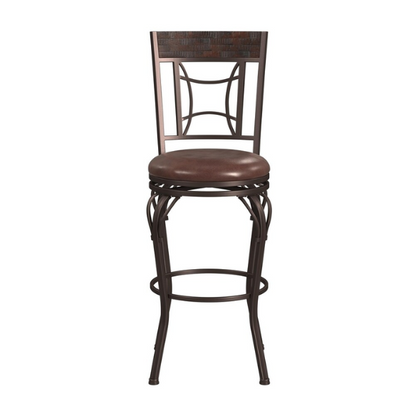 Metal Swivel Stool – Dark Chestnut Finish with Distressed Wood Rail, Geometric Back Design, Antique Brown Faux Leather Seat, 360° Swivel, Counter & Bar Height Options