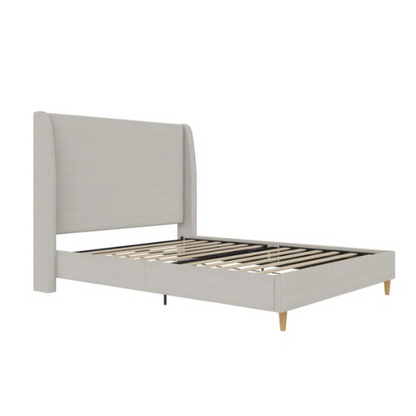 Luxurious Queen Size Upholstered Wingback Bed in Soft Linen Fabric