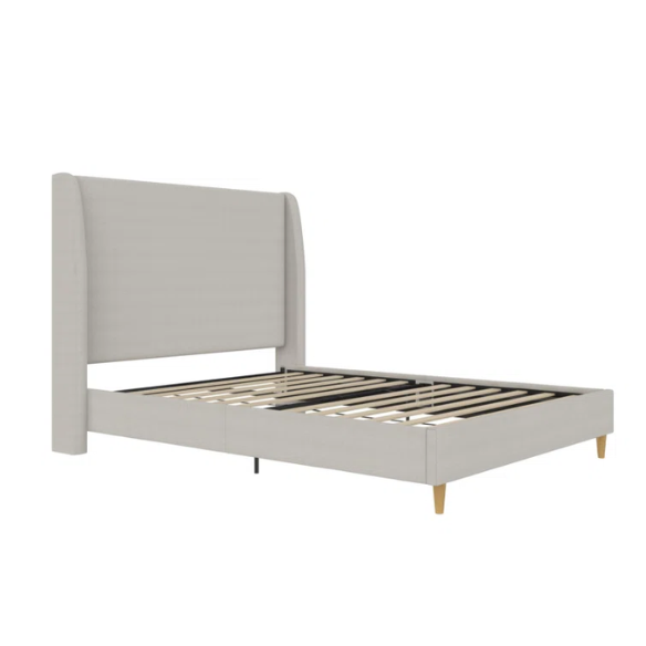 Luxurious Queen Size Upholstered Wingback Bed in Soft Linen Fabric