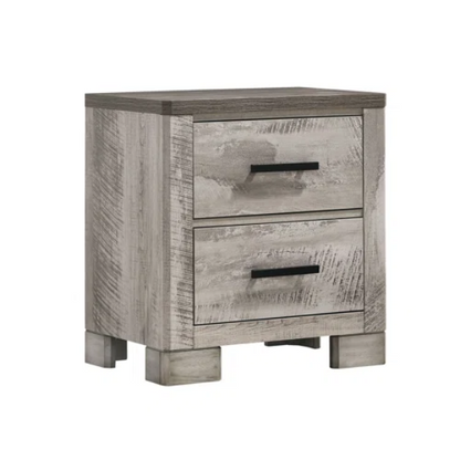 Coastal Farmhouse-Inspired King Size Bedroom Set: Distressed Whitewash Finish with Natural Brown Accents – Includes Platform Bed, 2-Drawer Nightstand, 7-Drawer Dresser with Mirror, and Optional 5-Drawer Chest for Complete Storage Solution