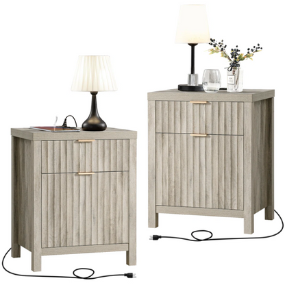 2-Drawer Nightstand with Built-In Outlets – Fluted Panels, Wood Grain Finish, Modern Design, Charging Station with 2 AC Outlets, USB & USB-C Ports, 4.9-Foot Power Cord, Set of 2