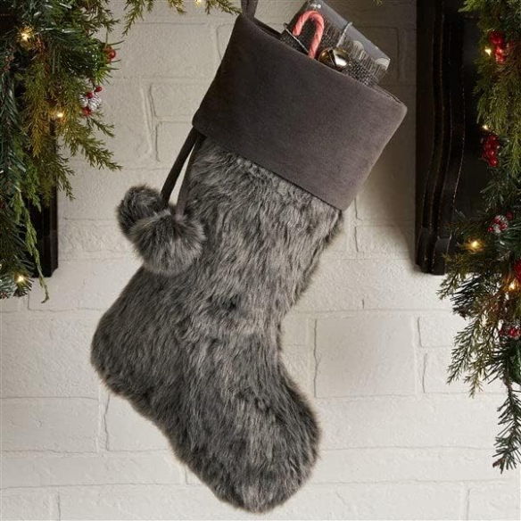 Weathered Grey Faux Fur Christmas Stocking – Personalized Farmhouse Holiday Décor