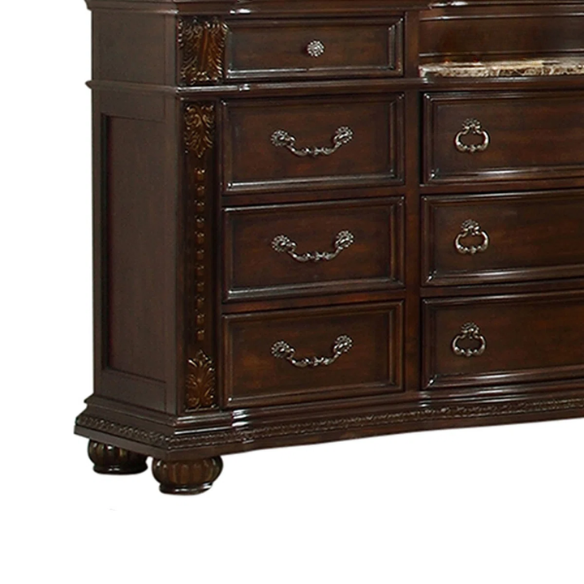 Classic Elegance 5-Piece Queen Bedroom Set in Dark Walnut with Button-Tufted Headboard, Marble-Topped Nightstand, 11-Drawer Dresser, Beveled Mirror, and Storage Chest