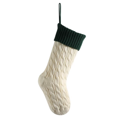 Green Top with White Knitted Christmas Stocking – Cable Knit Holiday Gift Bag with Soft Lining