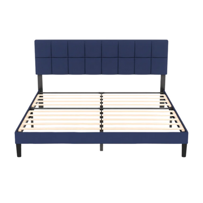 Modern King Size Upholstered Low Profile Platform Bed – Square-Tufted Headboard, Durable Steel Frame