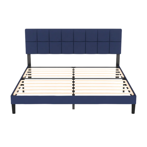 Modern King Size Upholstered Low Profile Platform Bed – Square-Tufted Headboard, Durable Steel Frame