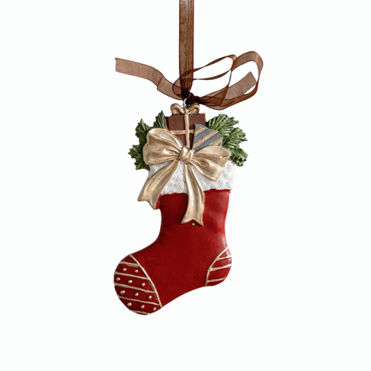Retro Golden Bow Christmas Stocking Ornament – Vintage Holiday Décor Accent