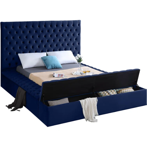 Elegant Velvet Upholstered King Size Platform Storage Bed with Tufted Headboard and Slats
