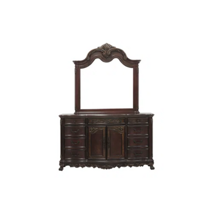 4-Piece Configurable Bedroom Set with Solid Cherry Wood Construction, Antique Walnut Veneer, Crown Molding, Carved Claw Feet, and Ample Storage - Includes Bed, Dresser, Nightstand, and Matching Mirror