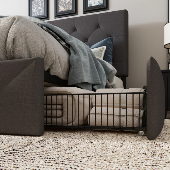 Queen Size Upholstered Platform Storage Bed with Tufted Button Accent Design