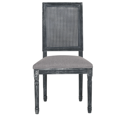 French Country Wood and Cane Upholstered Dining Chairs – Weathered Rubberwood Frame with Fluted Legs & Rectangular Cane Backrest