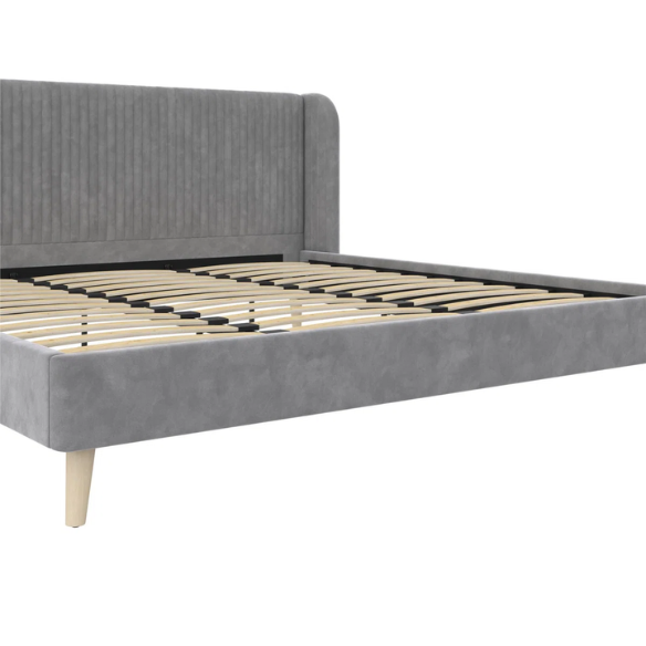 King Size Upholstered Wingback Platform Bed – Luxe Velvet Headboard with Vertical Tufting, Mid-Century Modern Design, and Space-Saving Wooden Frame