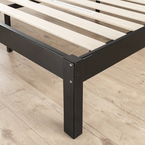 Modern Farmhouse King Size Solid Wood Platform Bed with Slat-Style Headboard and Matte Black Finish