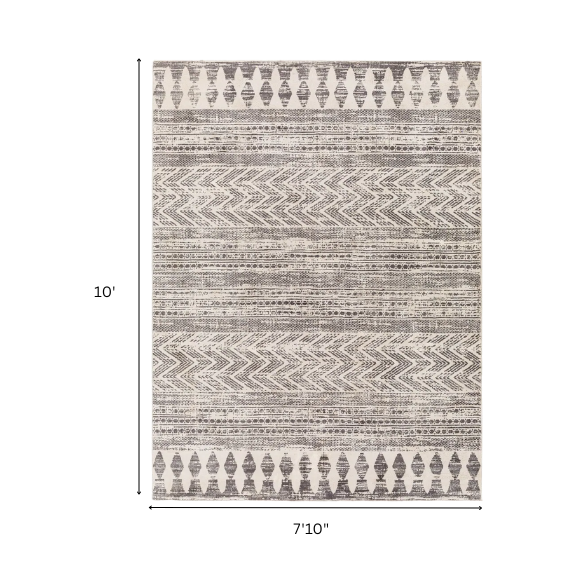 Southwestern-Inspired Geometric Rug – Dark Grey Diamond, Chevron & Dot Patterns on Off-White, Stain-Resistant, Perfect for High-Traffic Areas