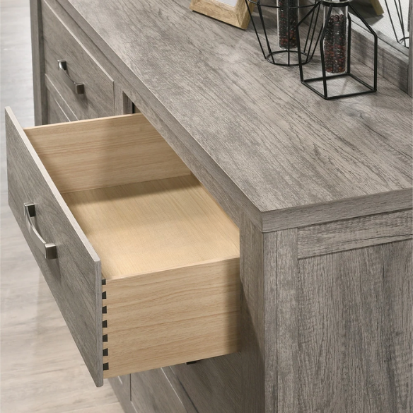 Contemporary Style Weathered Gray Wood 4-Piece Bedroom Set with Panel Bed, Dresser, Mirror, and Nightstand