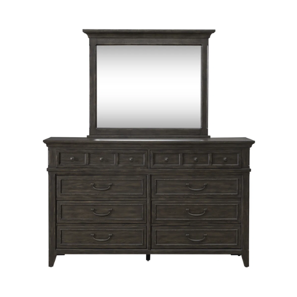Timeless Queen Bedroom Set with Saddle Brown Panel Bed, Dresser, Mirror, and Antique Pewter Hardware