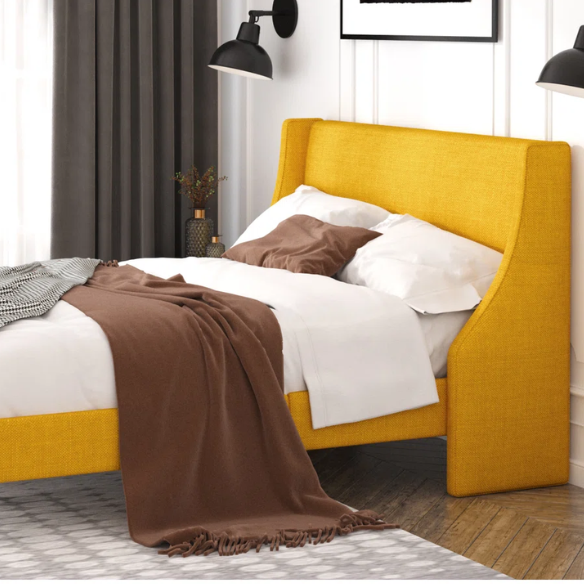 Modern Queen Size Upholstered Platform Bed with Deluxe Wingback and Linen Blend Fabric