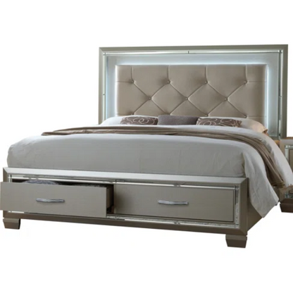 Elegant Glamour: 5-Piece Bedroom Set with Lustrous Platinum Dresser, Crystal and Chrome Handles – A Stunning, Star-Quality Collection to Elevate Your Bedroom Décor