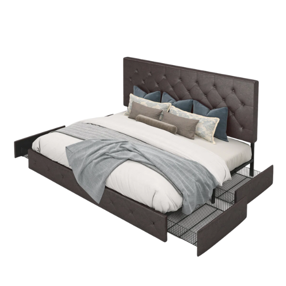 Queen Size Upholstered Platform Storage Bed with Tufted Button Accent Design