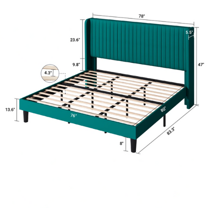Luxurious King Size Upholstered Velvet Platform Bed with Modern Wingback Headboard – Heavy-Duty Steel Frame, No Box Spring Needed, and Ample Under-Bed Storage