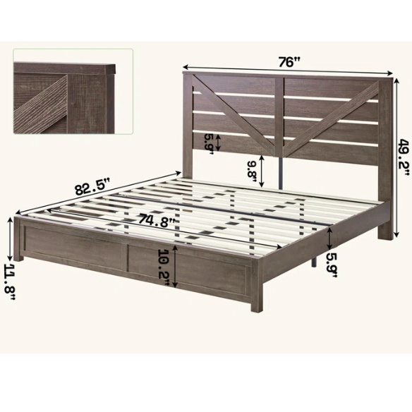 Farmhouse Classic Bed Frame with 49.2" Barn Door-Inspired Headboard, Ample Under-Bed Storage, Sturdy Metal Frame, and Silent Cotton Padding for Peaceful Sleep