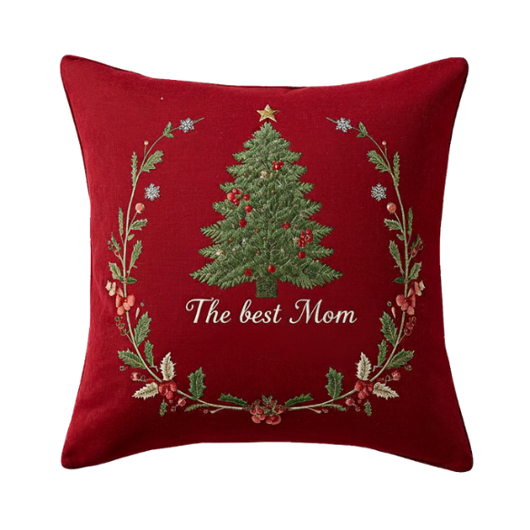 Red Throw Pillow with Embroidered Christmas Tree and 'The Best Mom' Design