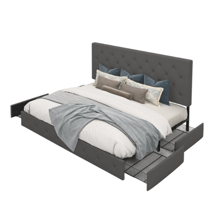 King Size Upholstered Platform Bed with Storage Drawers, Padded Headboard, and Sophisticated Button Tufting