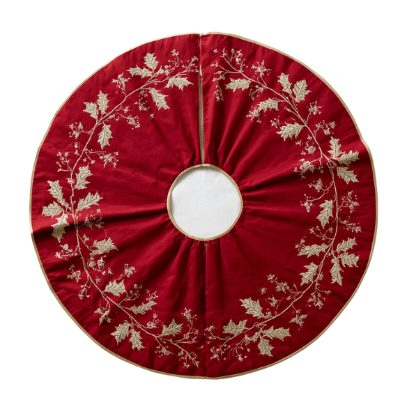 Red Velvet Christmas Tree Skirt with Embroidered Gold Holly & Berry Wreath