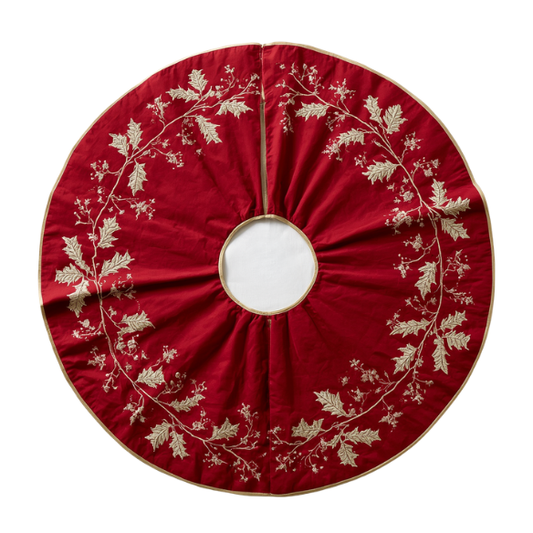 Red Velvet Christmas Tree Skirt with Embroidered Gold Holly & Berry Wreath