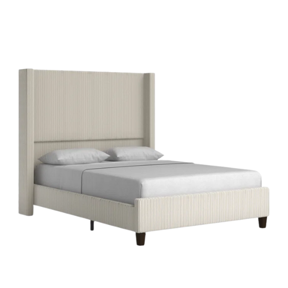 Queen Size Upholstered Wingback Platform Bed in Ribbed Corduroy Fabric